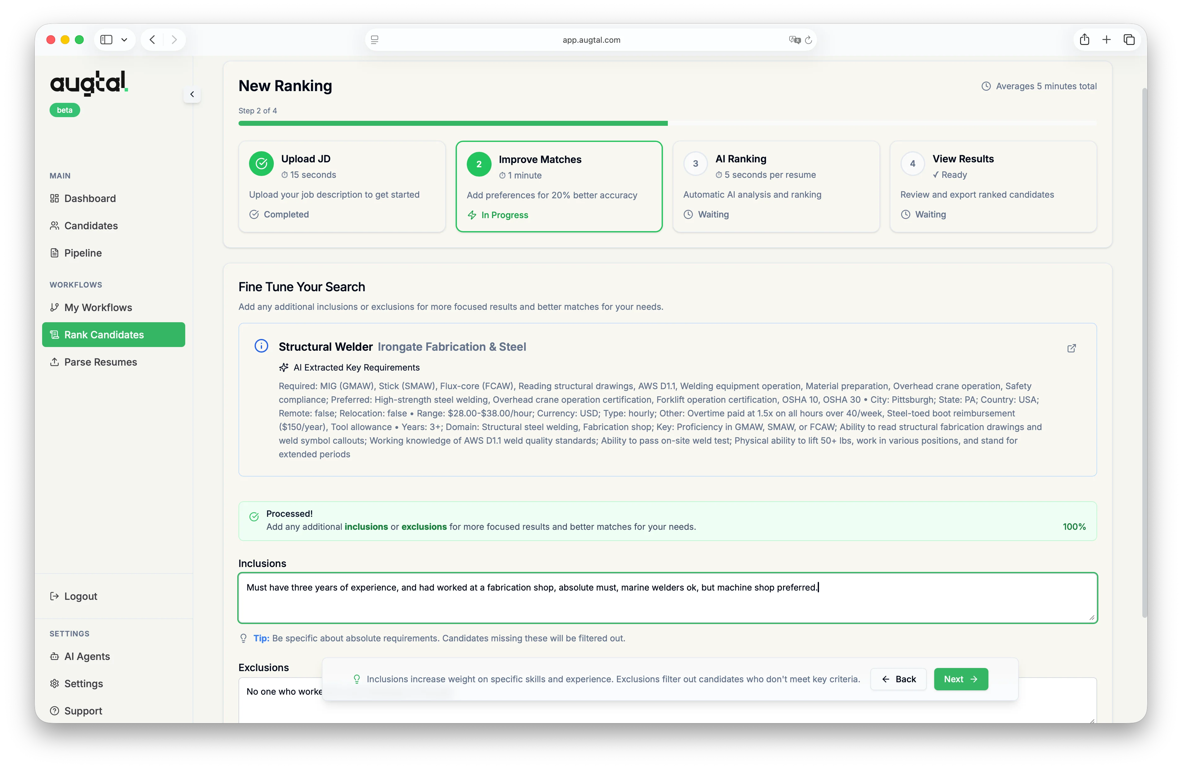 Upload job description and resumes step in Augtal Smart Ranking